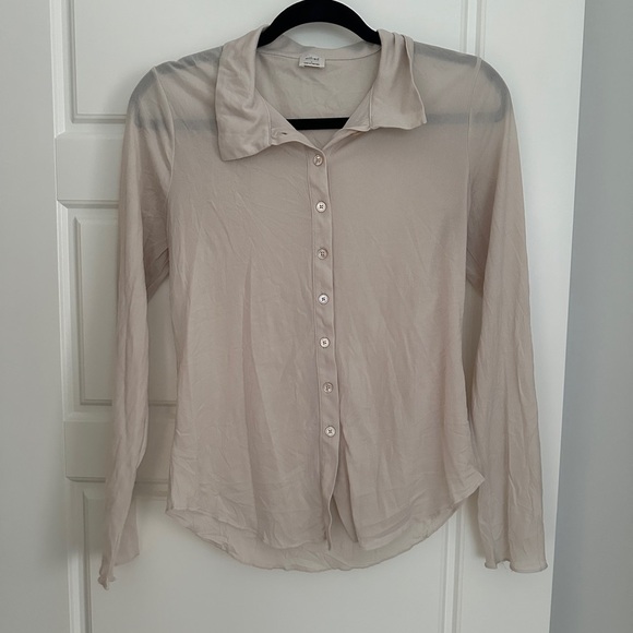 Wilfred Tan Cream Sheer Long Sleeve Button Down Shirt - Picture 1 of 3